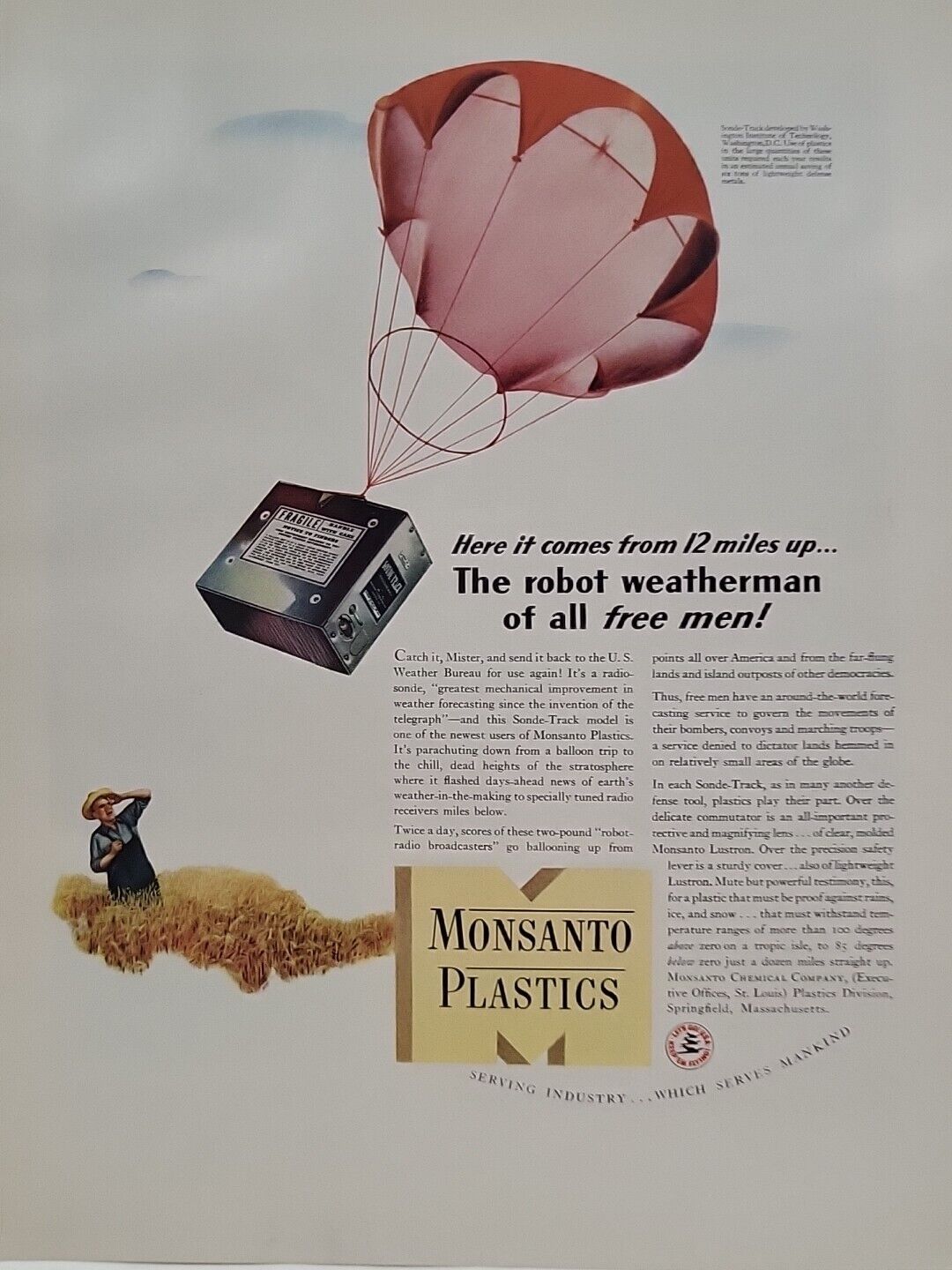1942 Monsanto Plastics Fortune WW2 Print Ad Q1 Robot Weatherman Parachute Farmer