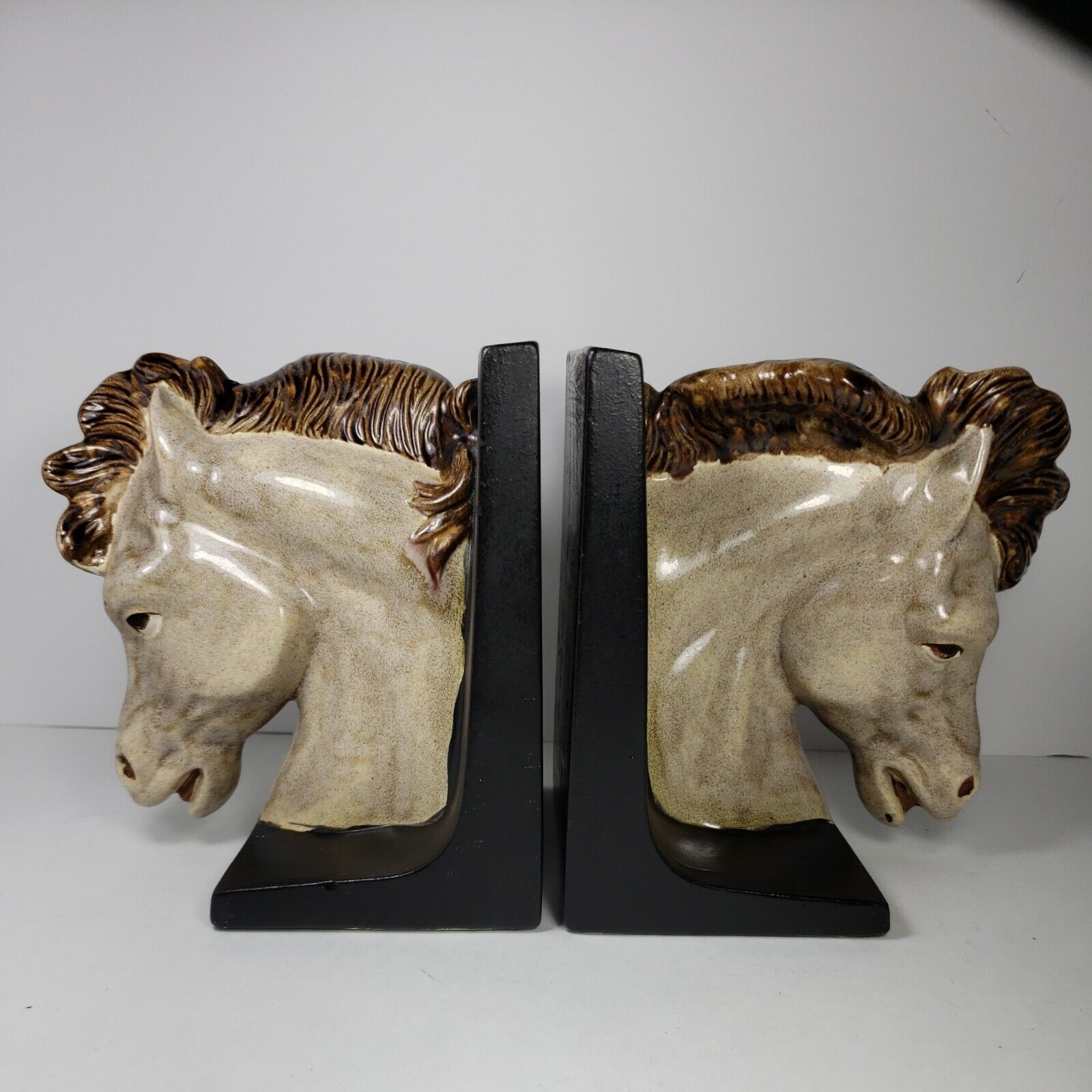 Vtg Horse Head Bookends Ceramic Mid Century Equestrian Mantel Library Pair