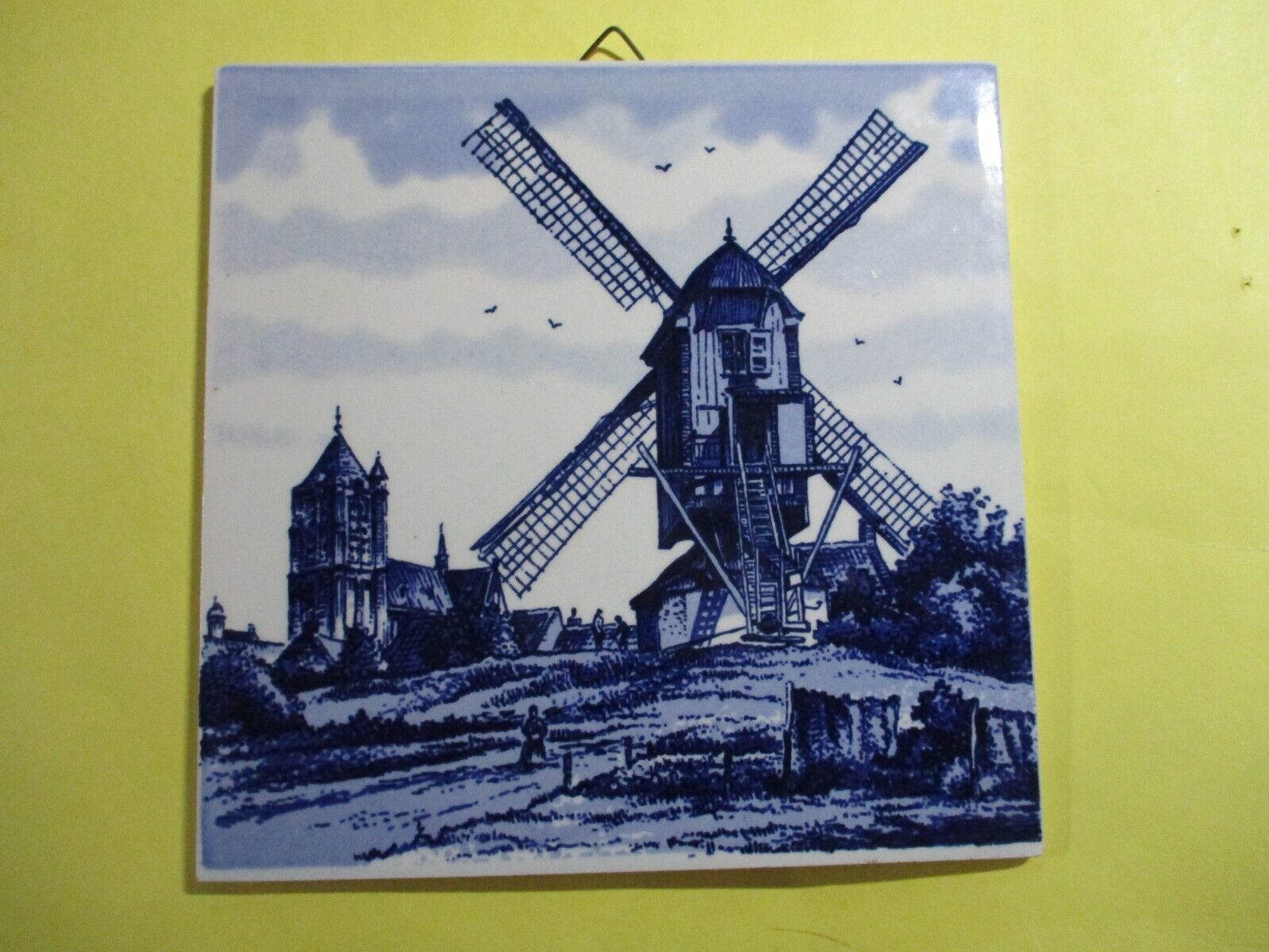 Vtg Delft Style Hand Painted Ceramic Tile Blue & White Windmill Fields Farmers