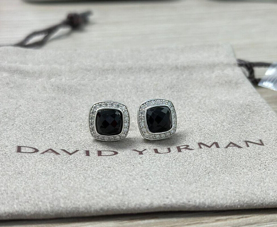 David Yurman Sterling Silver 7mm Albion Black Onyx Diamonds Stud Earrings