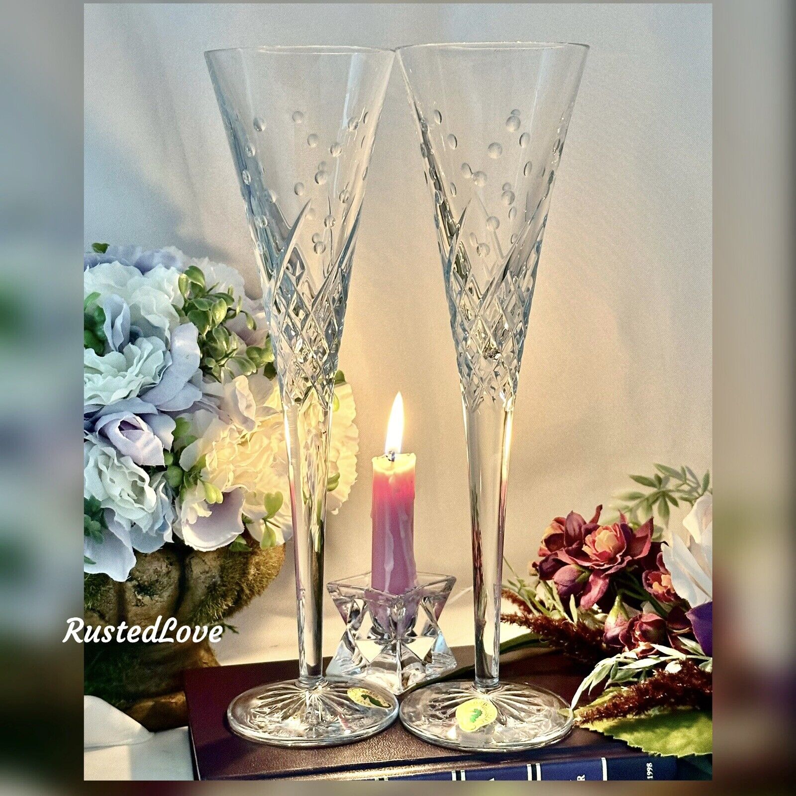 Waterford Wishes Champagne Flutes Vintage Waterford Crystal Toasting Flutes Pair