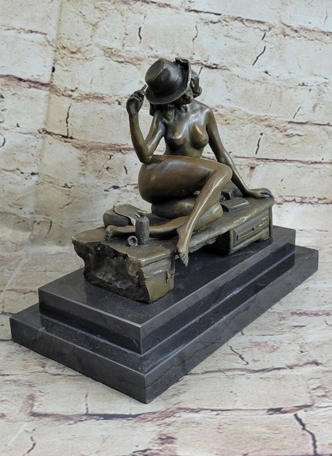 100% Bronze Sculpture Signed Original Vitaleh Burlesque Dancer With Hat Statue