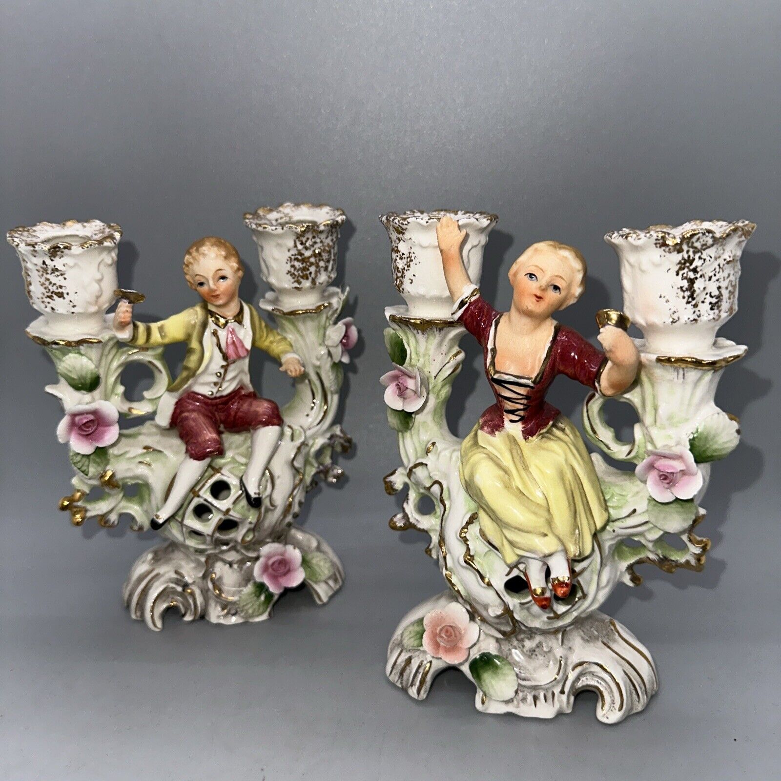 SET OF 2 UCAGCO JAPAN DOUBLE CANDLESTICK HOLDERS VICTORIAN BOY AND GIRL