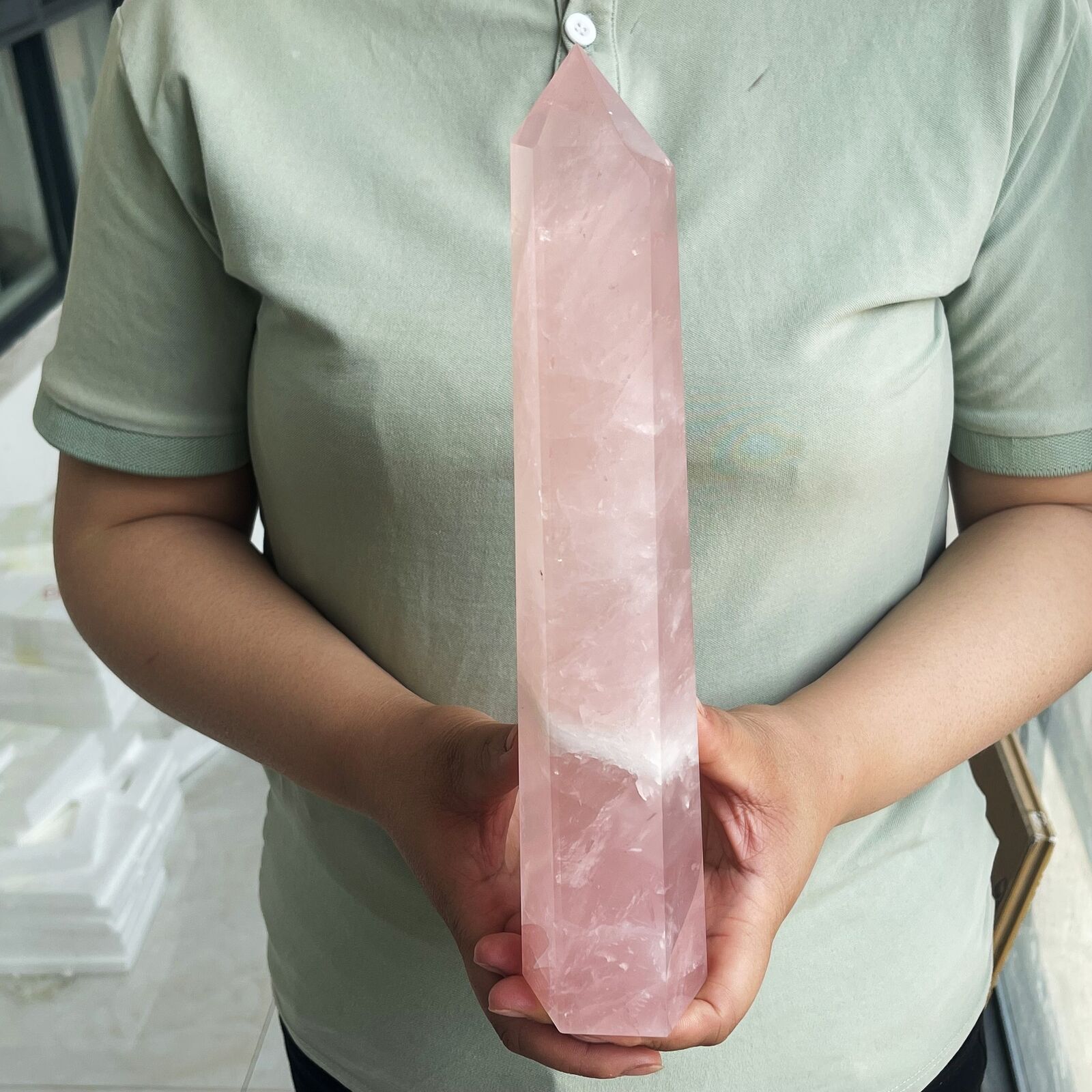 2.3LB Natural Pink Rose Quartz Obelisk Crystal Wand Point Healing TQS9092