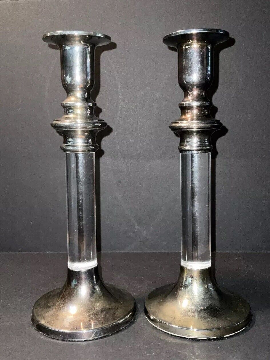 Vintage Karl Springer Style Silverplate and Lucite Candlesticks
