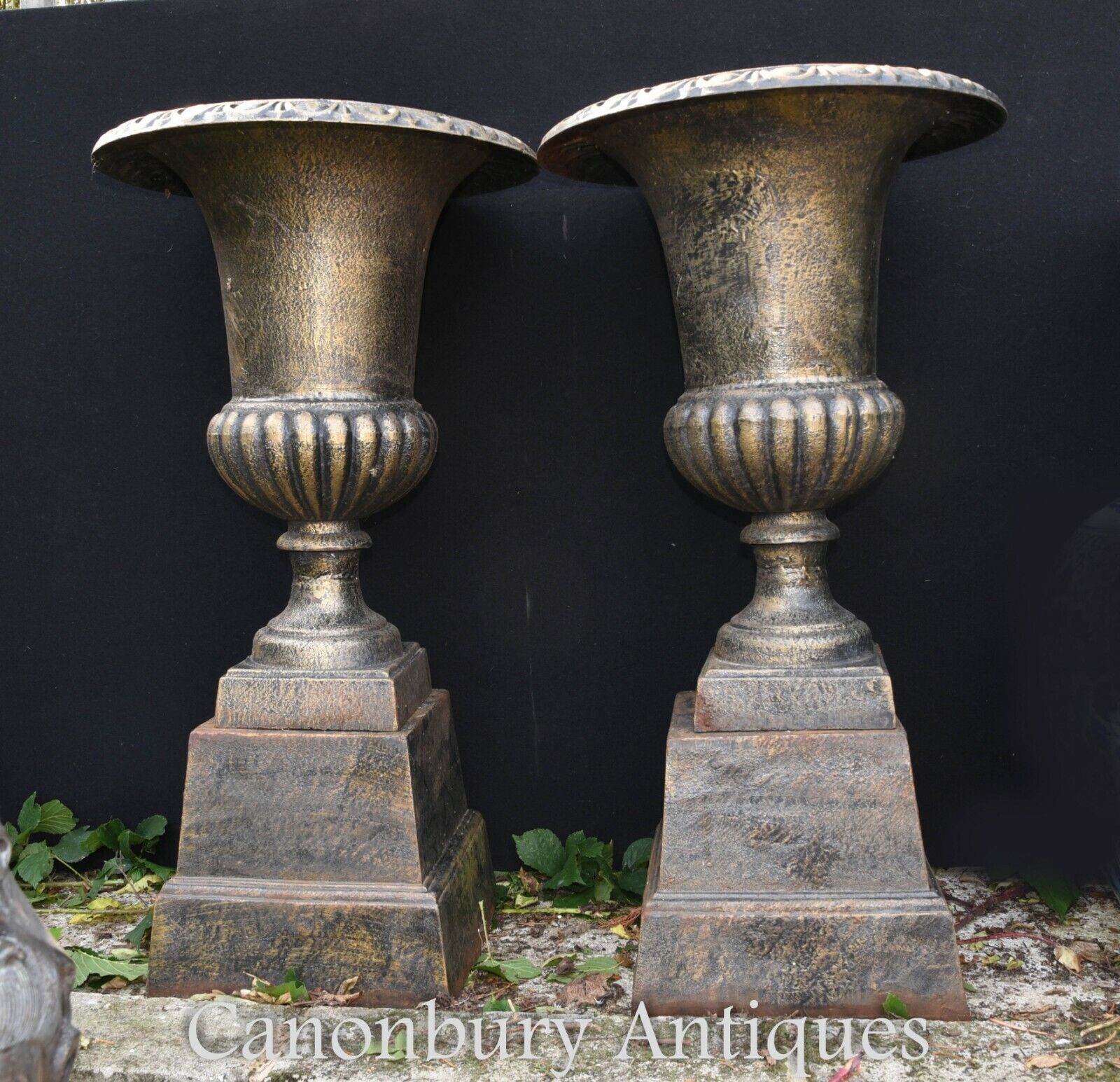 Pair Cast Iron Garden Urns - Floral Planters Campana Form Vase