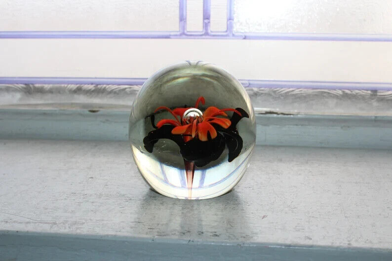 Vintage Art Glass Paperweight Black Orange Flower Controlled Bubble