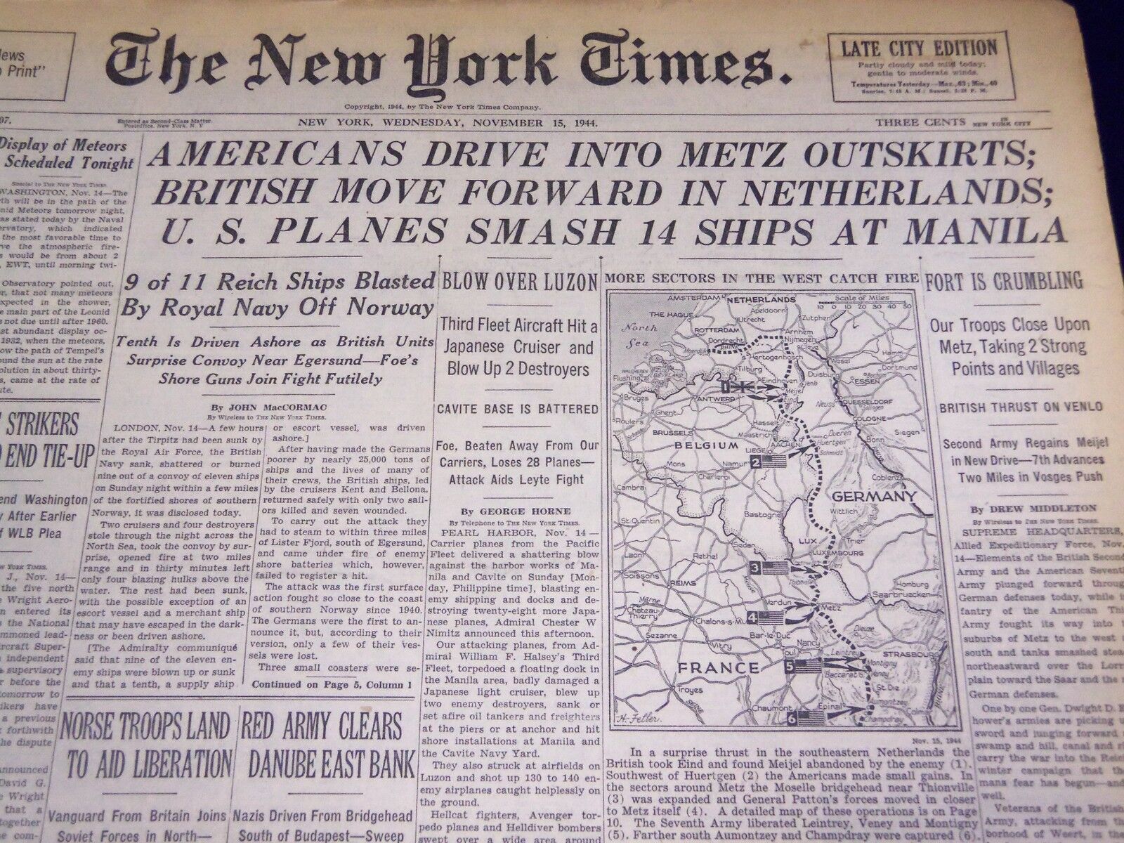 1944 NOV 15 NEW YORK TIMES - AMERICANS DRIVE INTO METZ OUTSKIRTS - NT 825