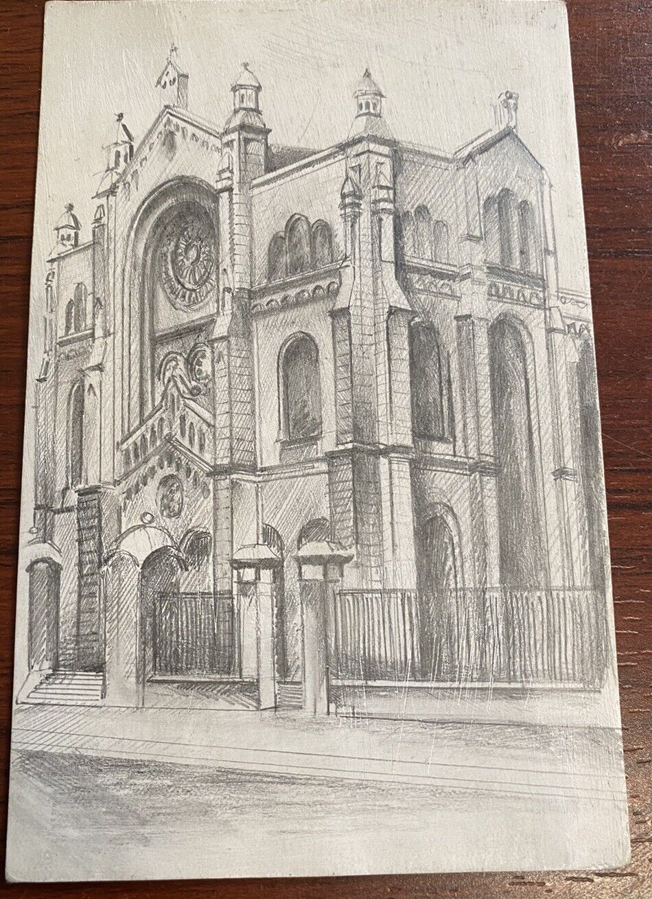 Lodz Poland Synagogue Drawing  Postcard Jewish Vintage