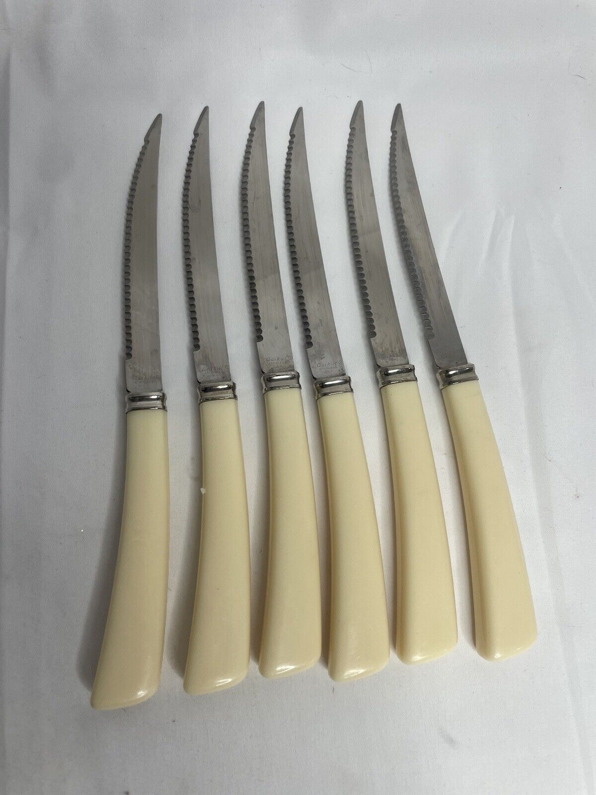 Vintage Quickut Set of 6 Stainless Steel Steak Knives w/ Ivory Bakelite Handles