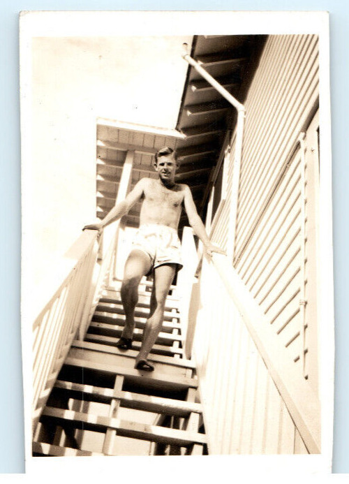 Vintage Photo 1947 Post WW2 Daytona Honeymoon, Shirtless Pose on Stairs ,3.5x2.5
