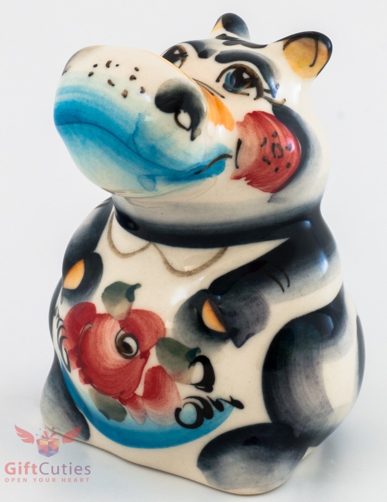 Hippopotamus Gzhel porcelain figurine hippo souvenir handmade and hand-painted