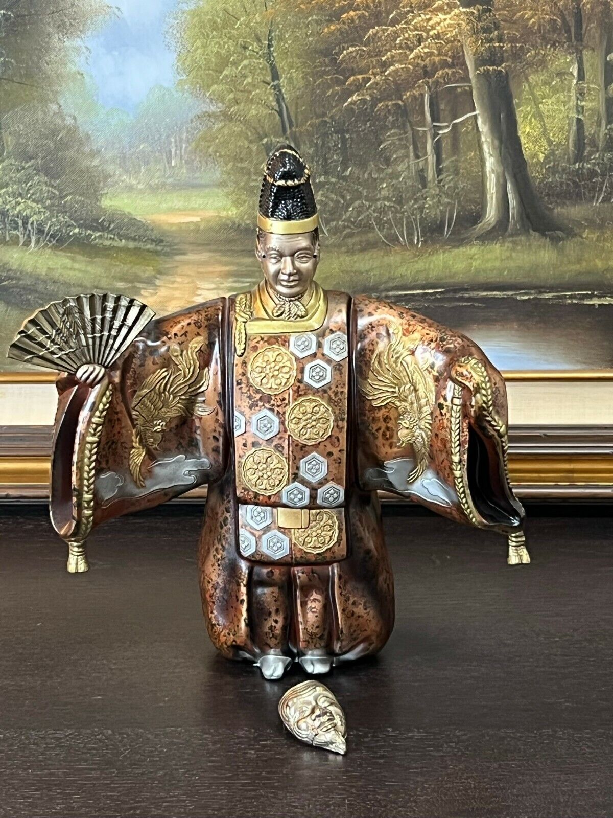 Vintage OKINA NOH DOLL Kabuki Dancer Mixed Metal Bronze Statue 1950\'s JAPAN 12\