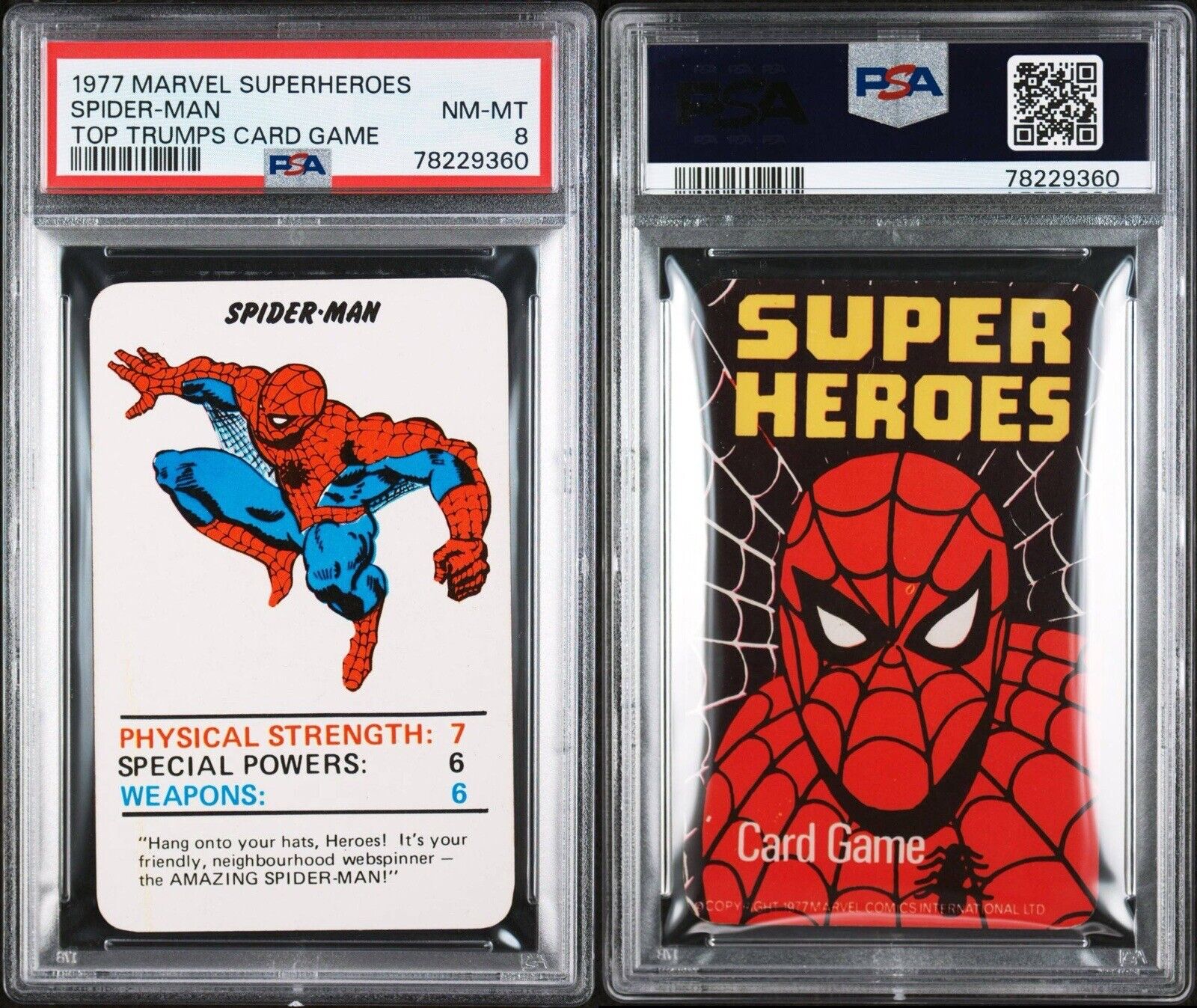 SUPER RARE 1977 MARVEL SUPERHEROES SPIDER-MAN TOP TRUMPS CARD GAME PSA 8 NM-MINT