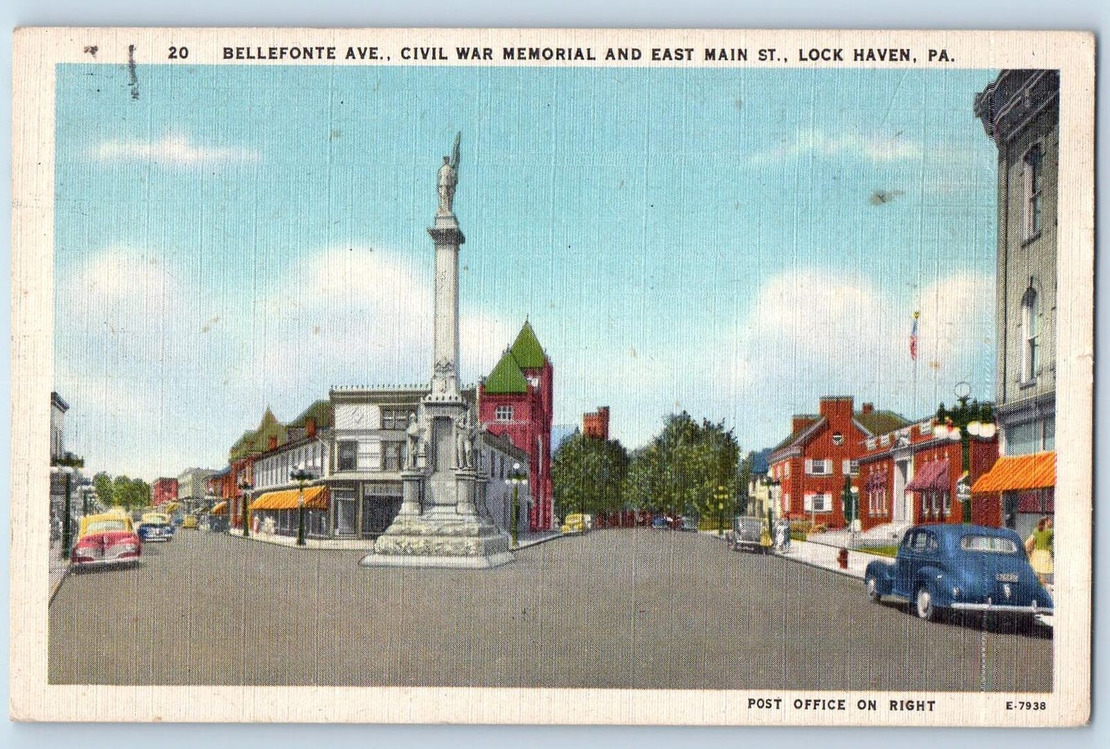Lock Haven Pennsylvania Postcard Bellefonte Avenue Civil War Memorial & St. 1952
