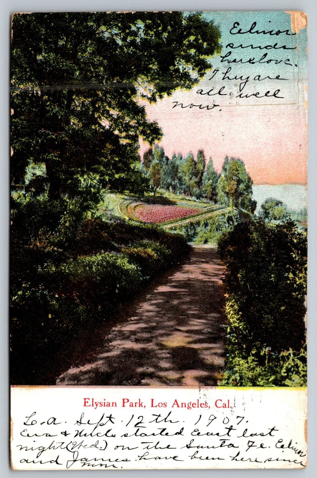 1906 Elysian Park, Los Angeles, California CA Posted Antique Postcard