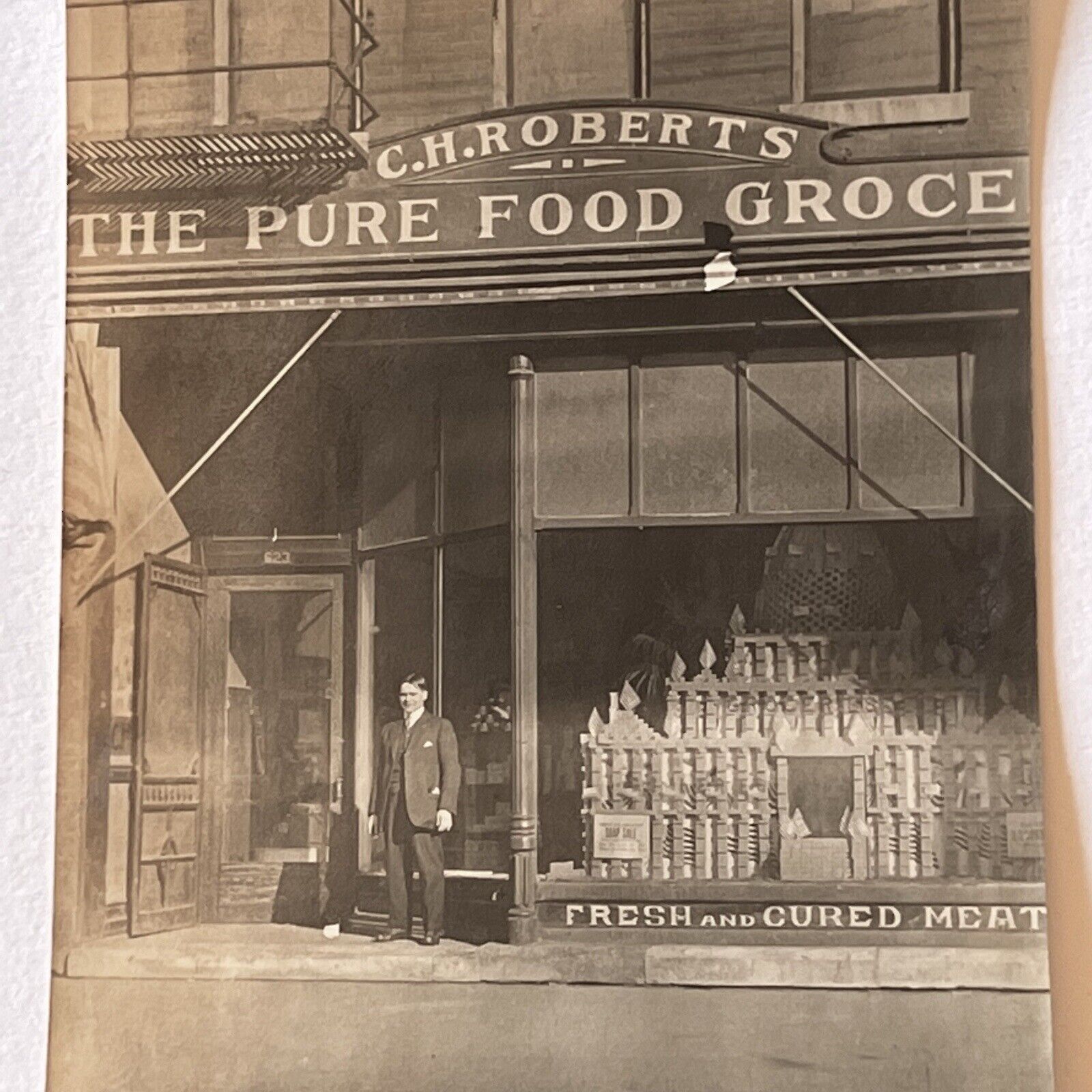 Antique Snapshot Photograph CH Roberts The Pure Food Grocery Shop Meat Store Man