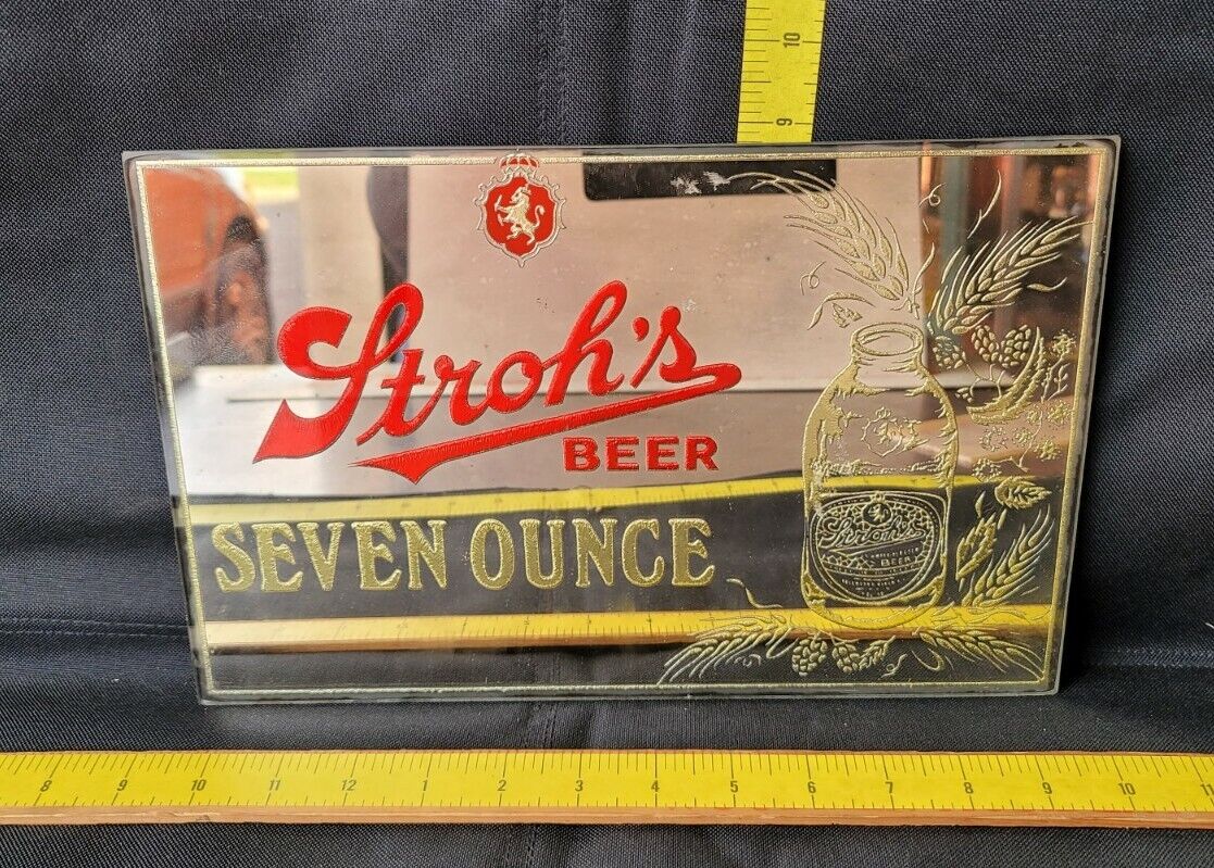 Vintage Stroh's Beer Mirror 7oz Pony Bottle Advertising Sign 