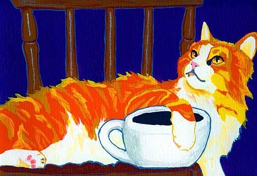 CAT & COFFEE Orange Tabby Longhair Signed Art PRINT of Original Painting by VERN