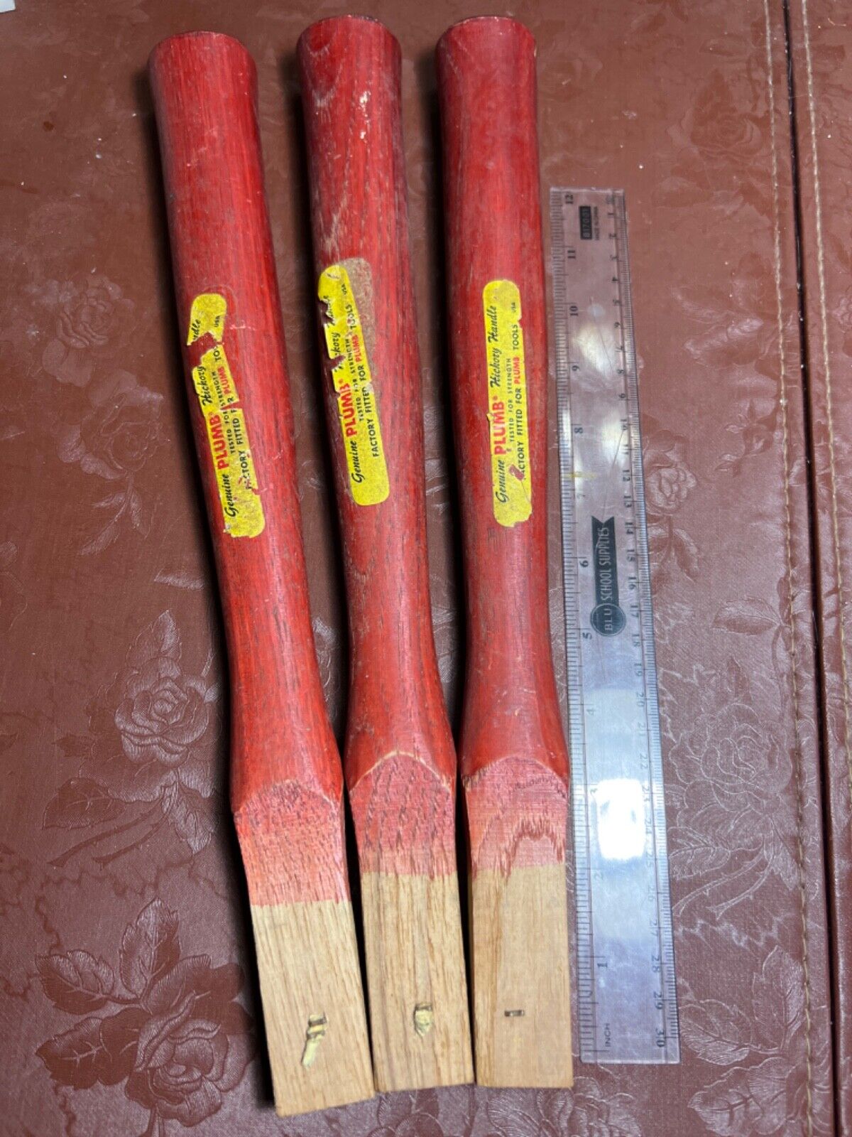 Lot of 3 Vintage NOS Plumb Hickory Wood Hammer Tool Handles. Made in USA