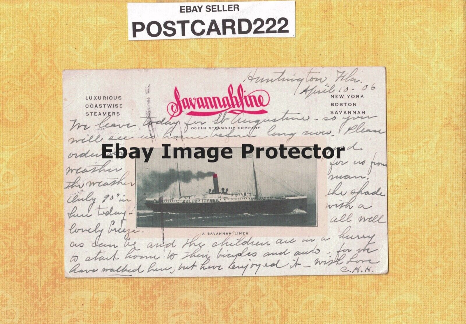 X Ship 1906 antique postcard SAVANNAH LINER OCEAN STEAMSHIP  to East Hartford CT