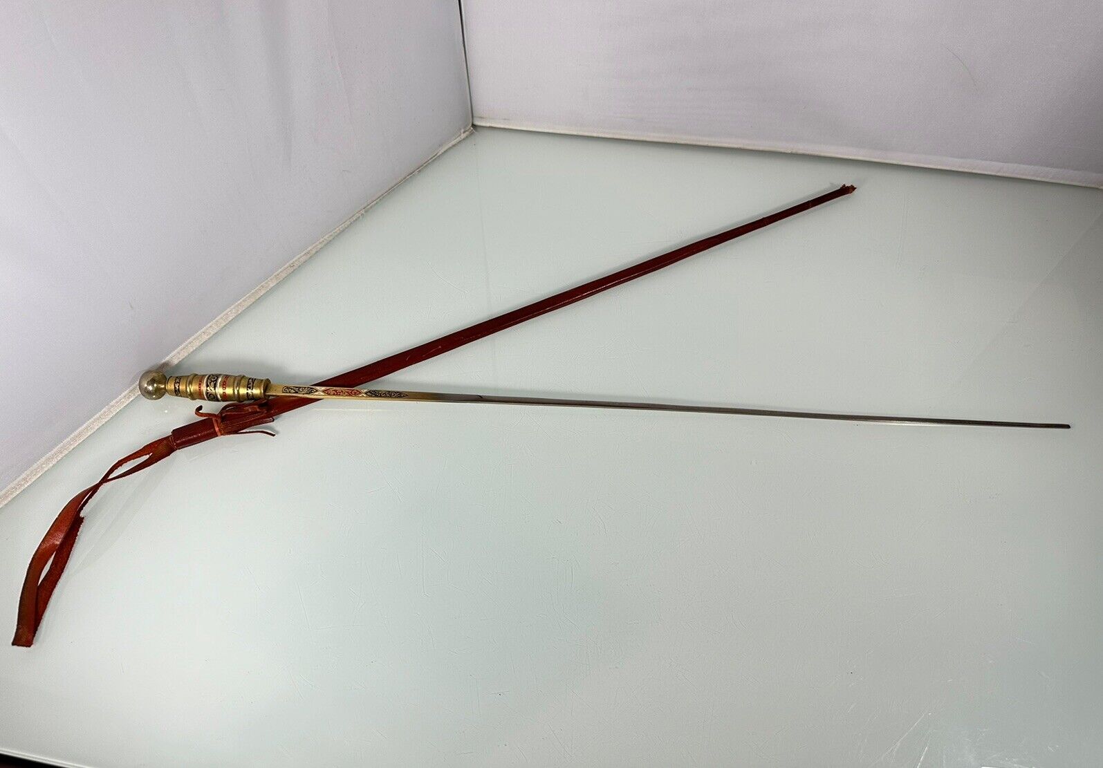 Vintage Toledo Brass Painted Decorative Art 27” Fencing Sword w/ Leather Sheath