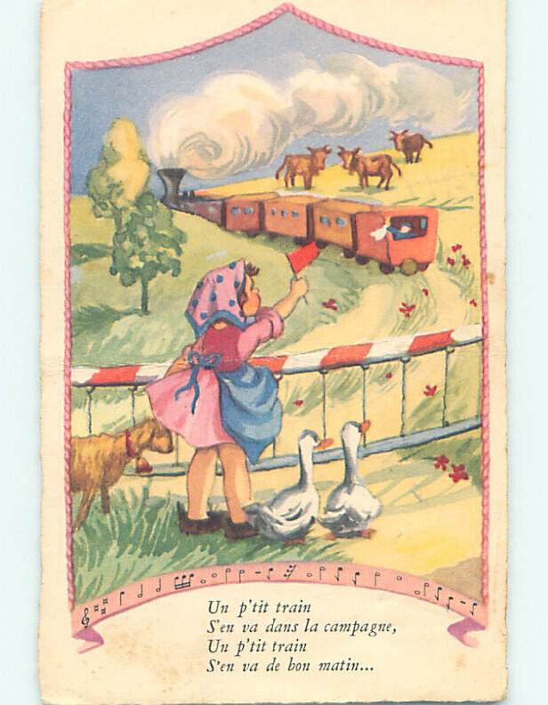 Pre-Chrome foreign FRENCH GIRL WAVES GOODBYE TO BOY ON TRAIN : clearance J5424