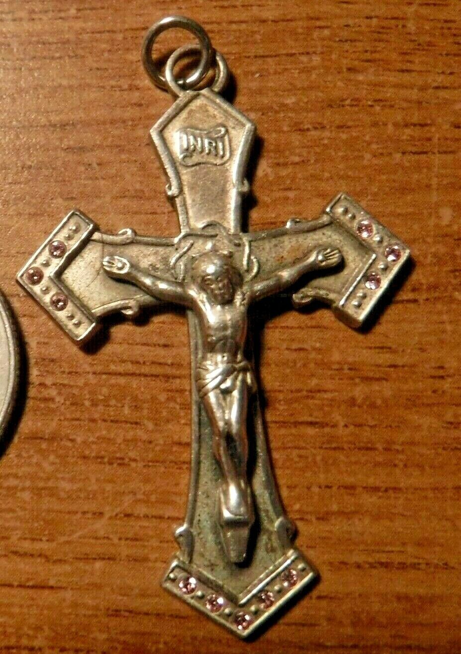 Beautiful Large Catholic Sterling Silver Crucifix Studded With Pink Stones 