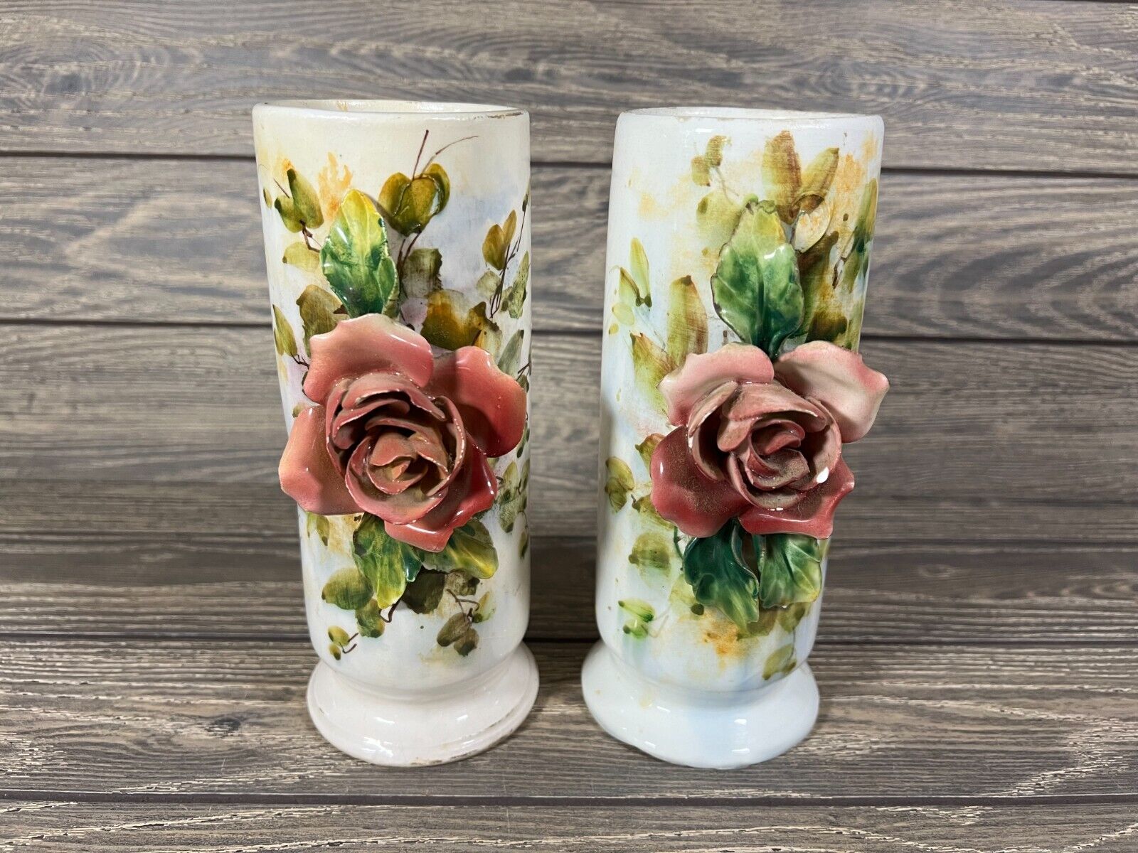 Italian Barbotine Rose Capodimonte Flower Vases Majolica