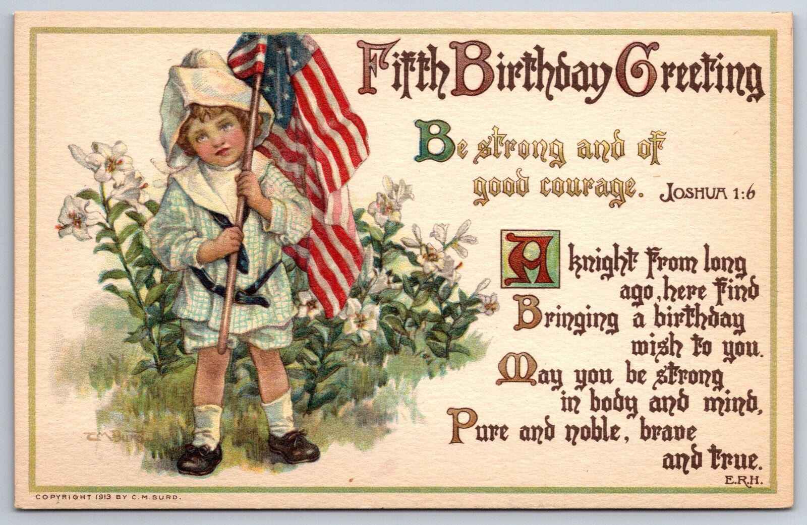 CM Burd~WWI~Fifth Birthday Patriotic Boy~American Flag~Bible Vs~Joshua 1:6~1913