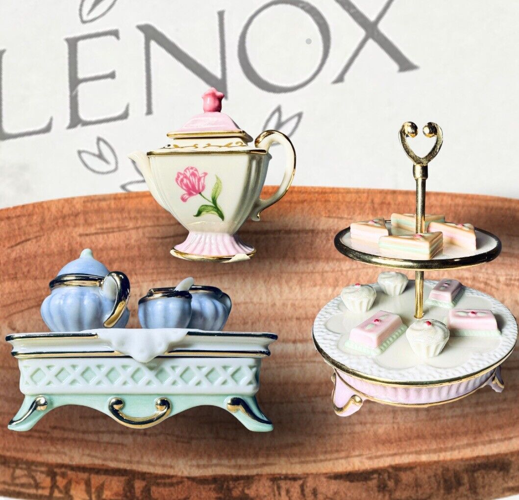 New 3 Hinged Trinket Box Lenox Tea At The Ritz. Petit Fours Teapot Serving Tray