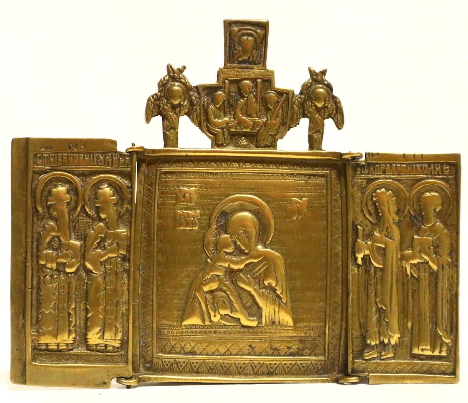 Antiques, Orthodox, Russian Bronze icon-triptych: The Mother of God.