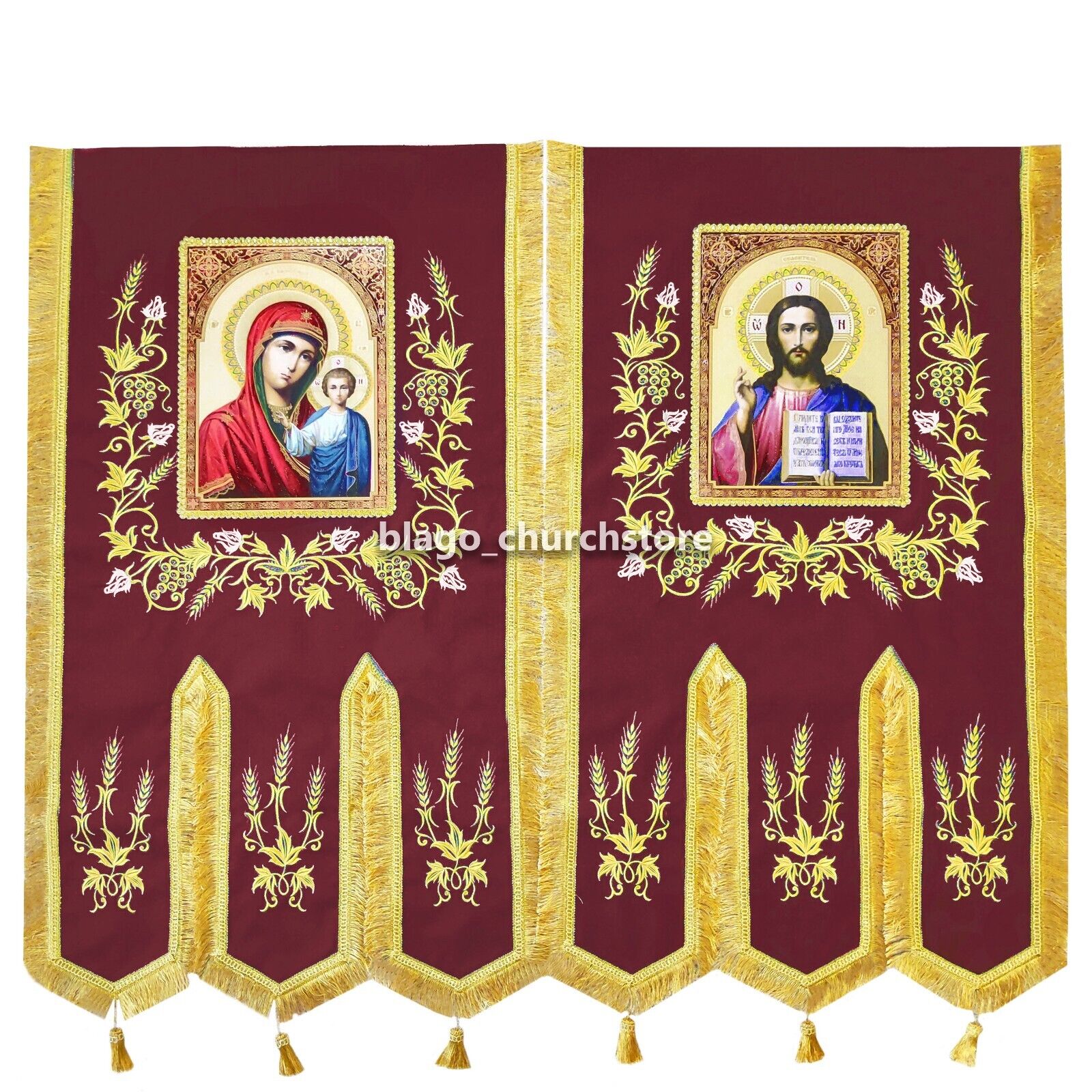Orthodox Set Of Church Burgundy Banners Embroidered Savior and Mother of God