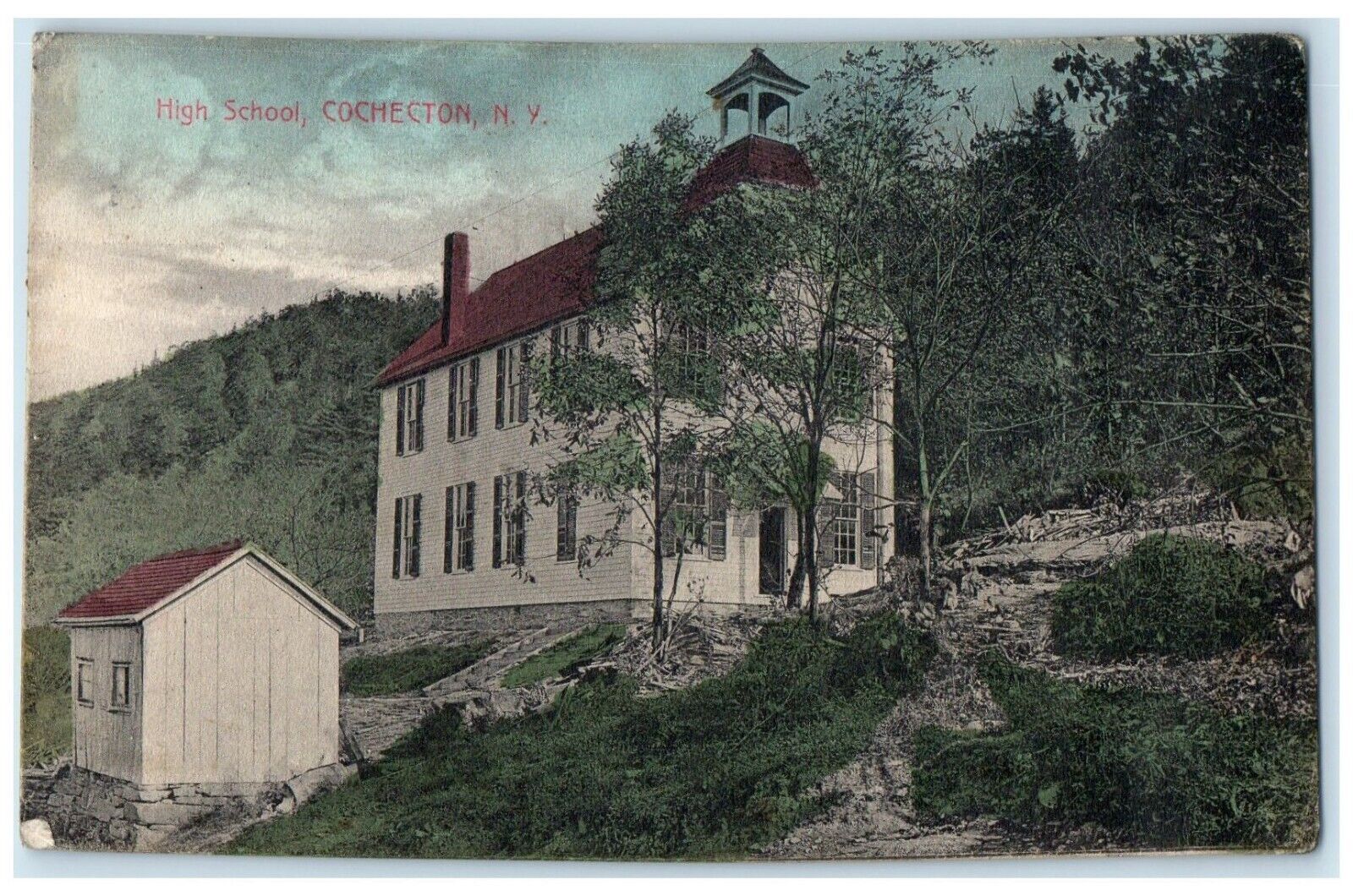1910 Exterior View High School Building Trees Cochecton New York Posted Postcard