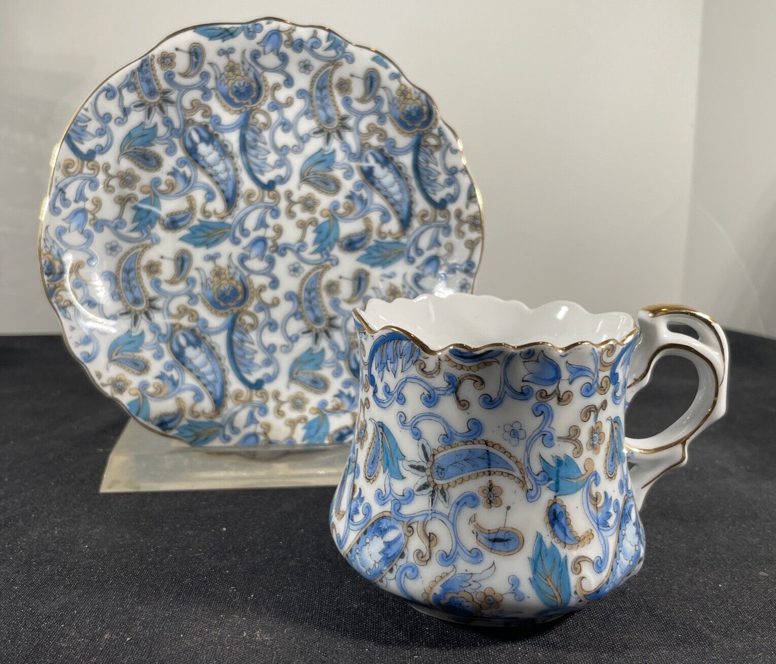 Vintage Lefton China Hand Painted Blue Paisley Tea Cup & Saucer Set