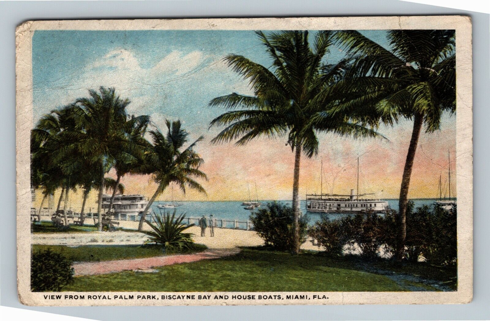 View From Royal Palm Park, Biscayne Bay, Boats, Miami Florida Vintage Postcard