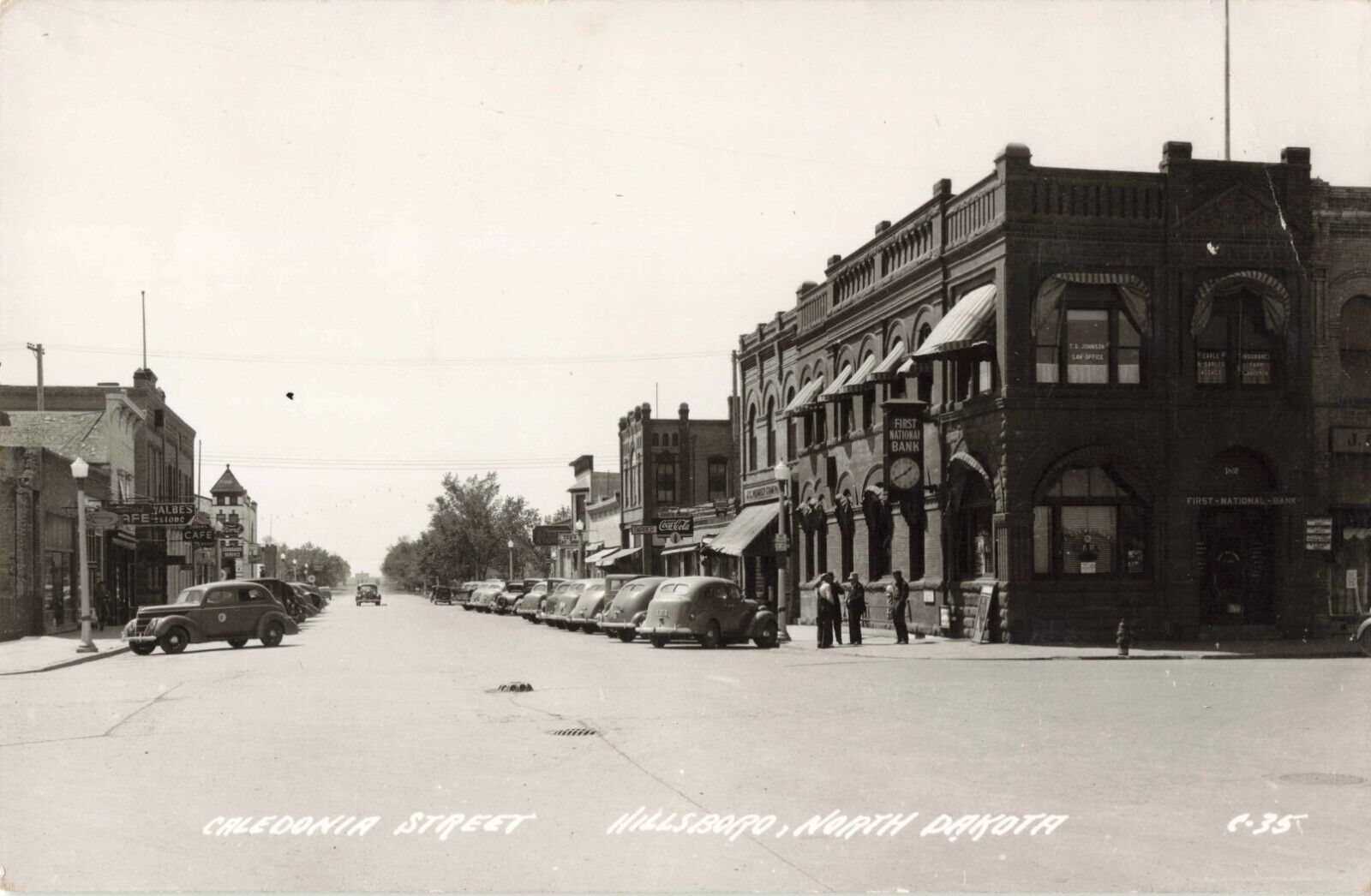 Caledonia Street Hillsboro North Dakota ND Old Cars Coca Cola Sign c1940 RPPC