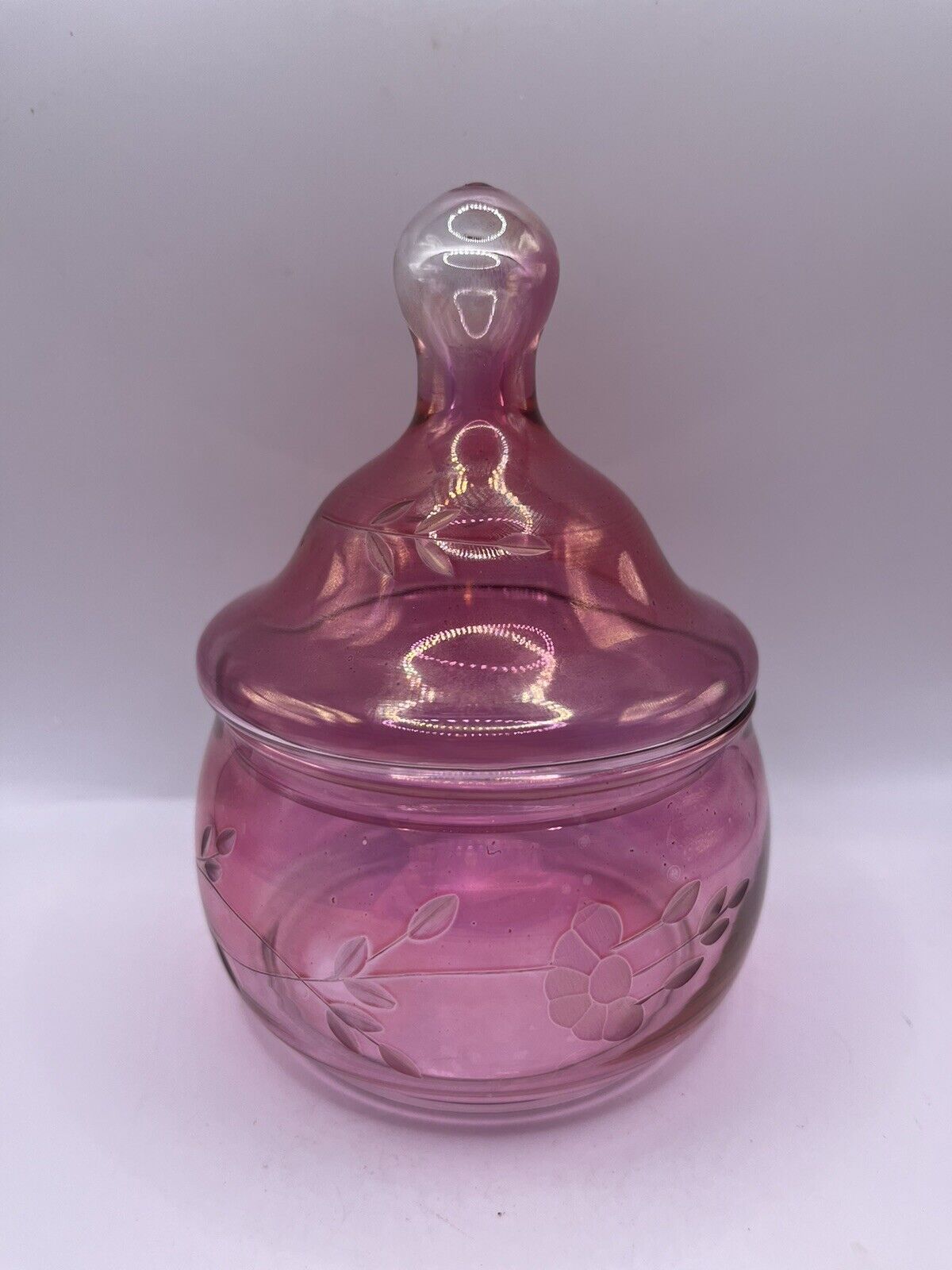 Vintage Princess House Cranberry Etched Glass Lidded Jar