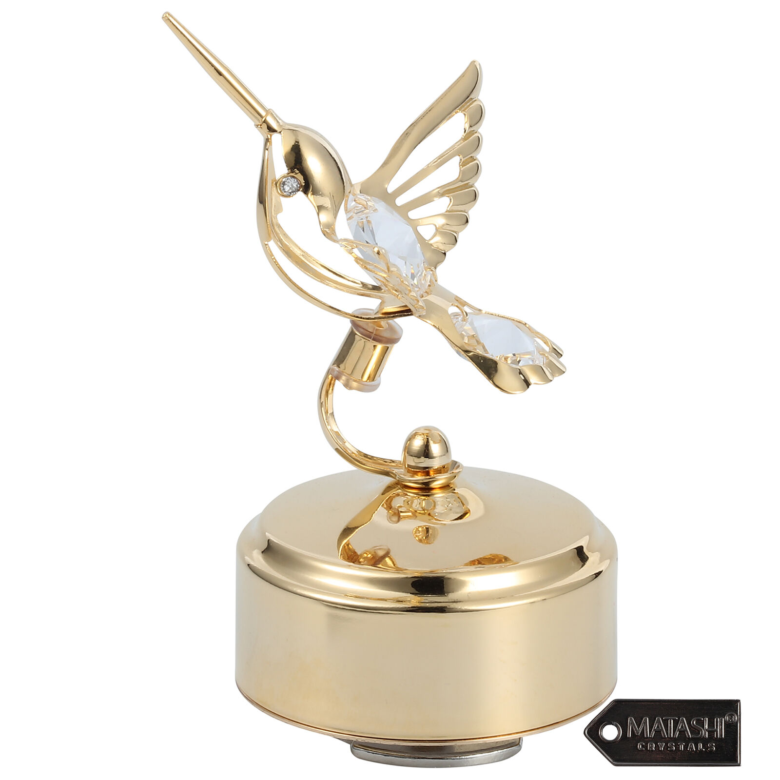 Matashi 24K Gold Plated Music Box with Crystal Studded Bee-Hummingbird Figurine
