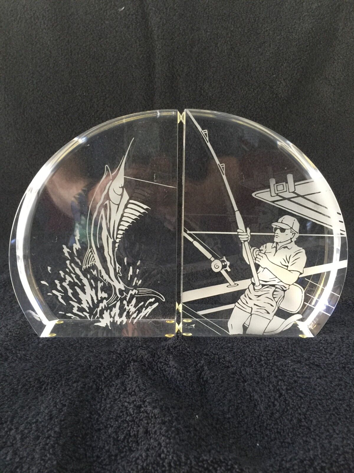 New Etched Fisherman Lucite Book Ends