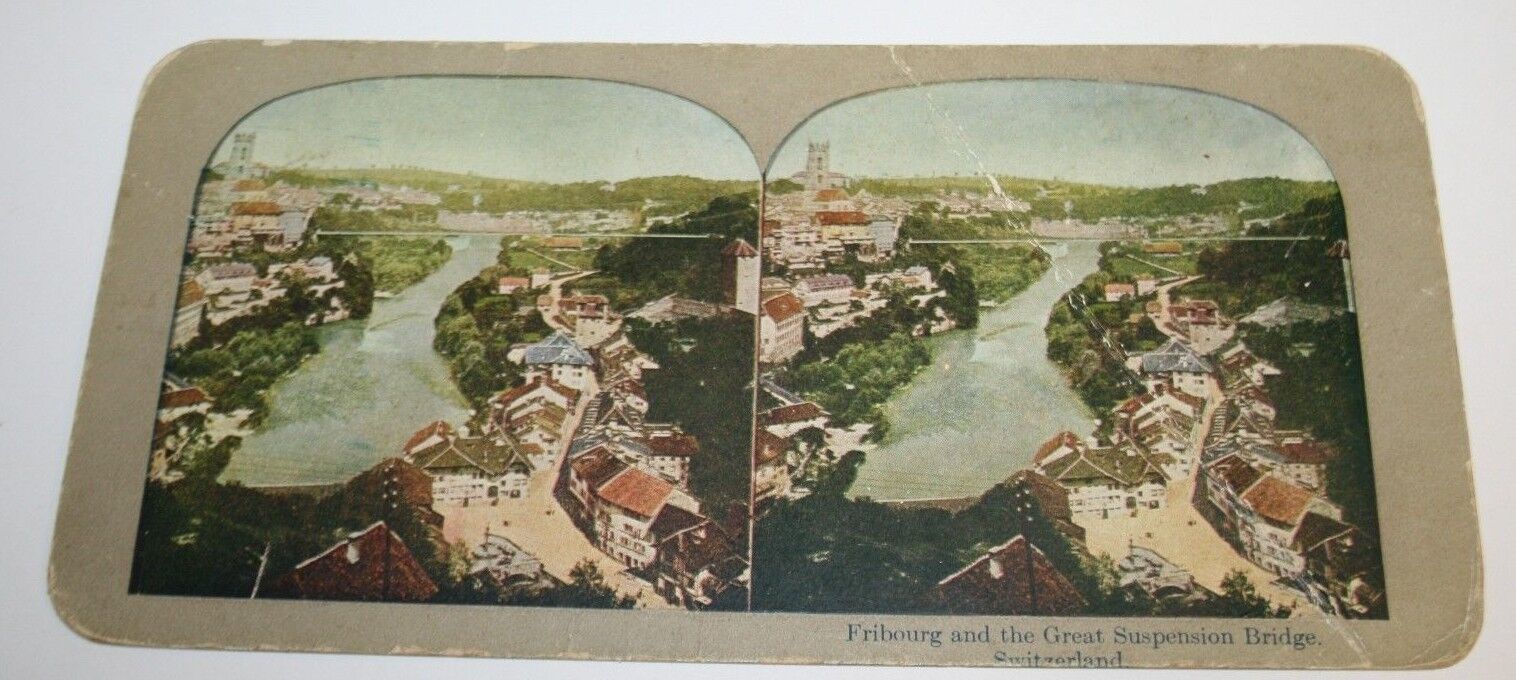Original 1900\'s Antique Fribourg Great Suspension Bridge Stereoview Switzerland