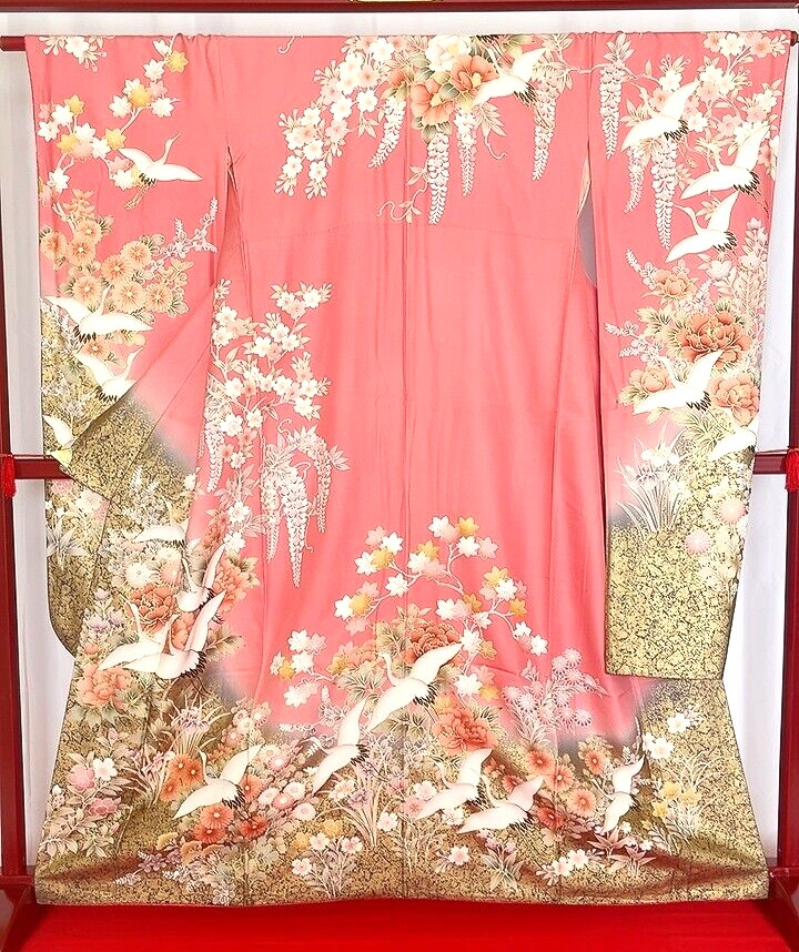 Japanese Kimono “Furisode” Pure Silk/Pink/crane/Flower/Japanese tradition/Luxury
