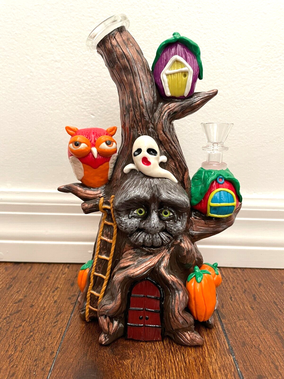 9.5” Premium Glass Water Pipe Art Spooky Halloween Tree House Ghost Owl 14mm