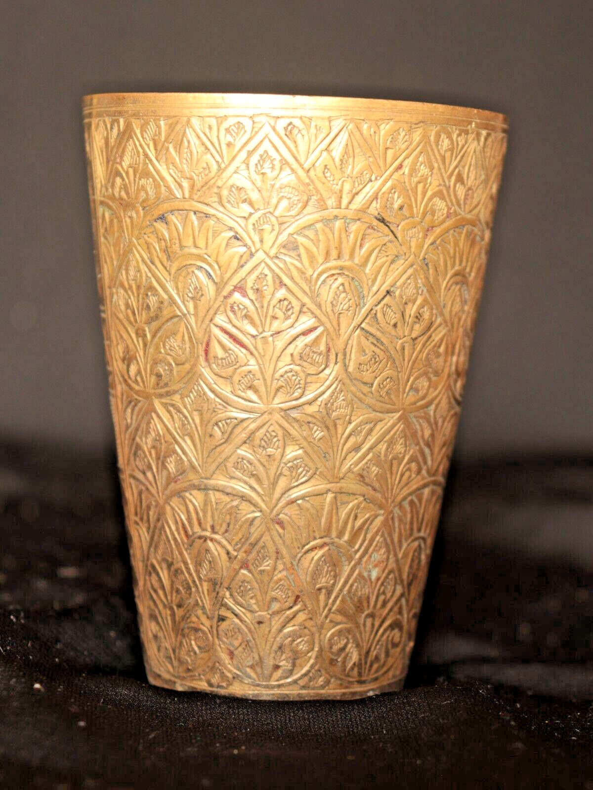 Hand-Embossed Ottoman Islamic Arabic Calligraphy & Floral, Antique Brass Cup