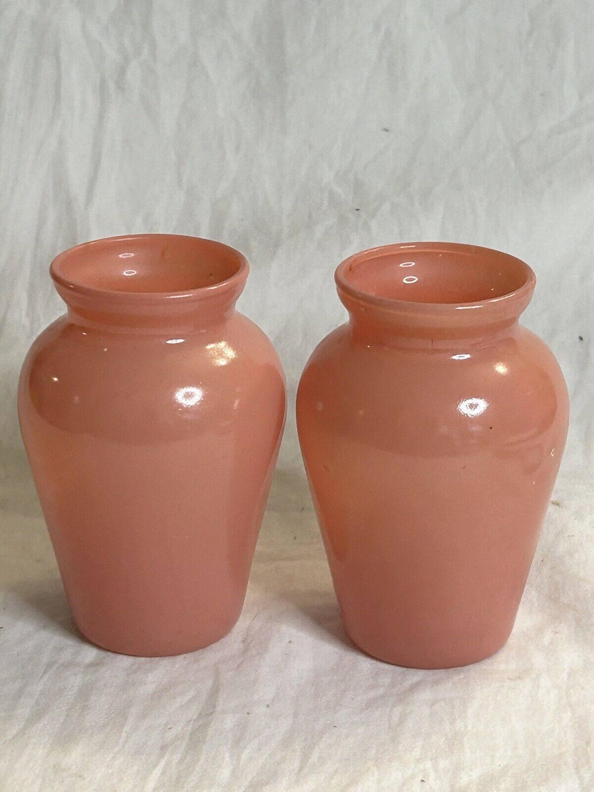 Pair Of Miniature Salmon Peach Matching Vases Ginger Jar Shape