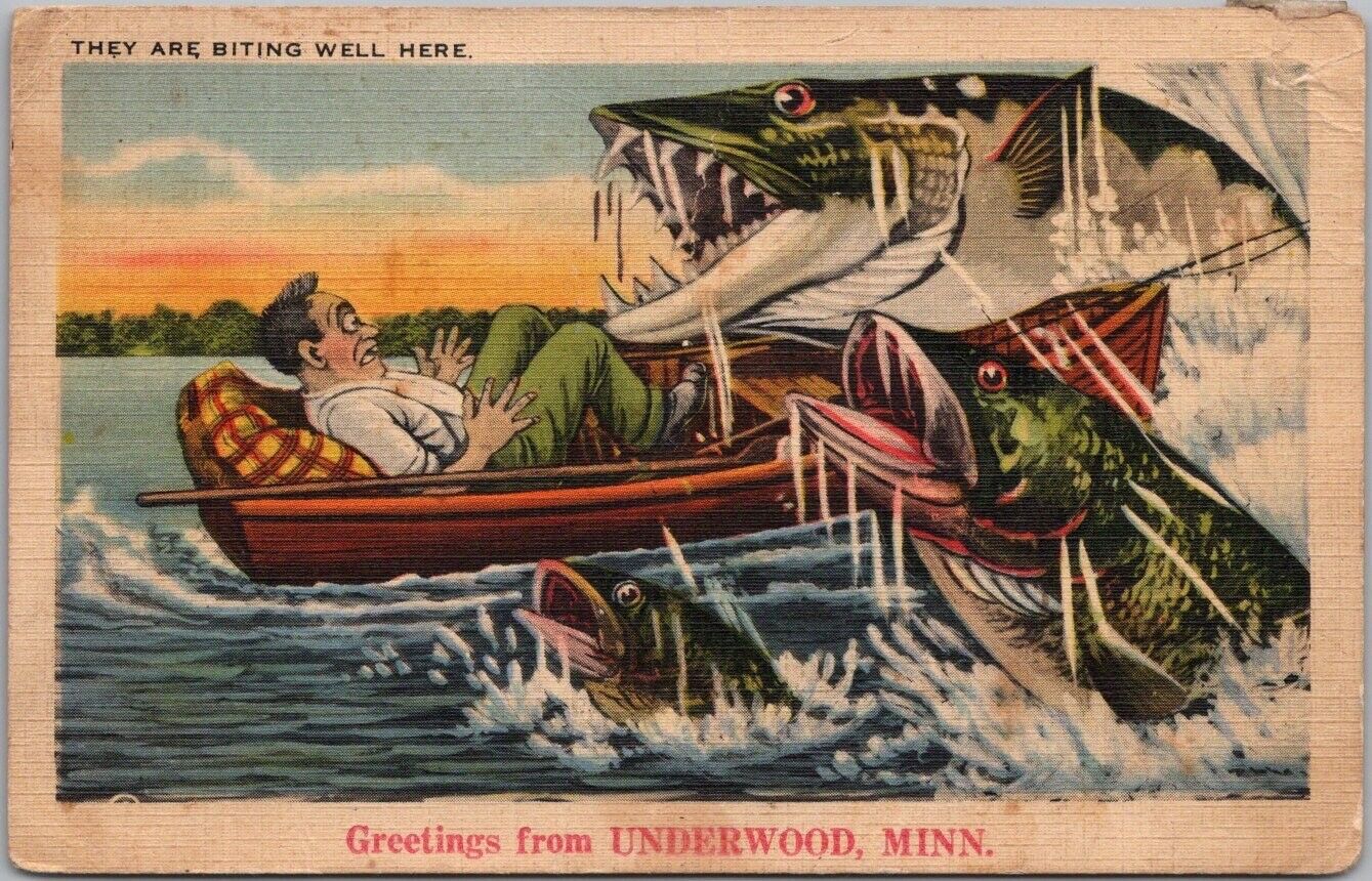 1939 UNDERWOOD, Minnesota Greetings Postcard Fishing / FISH EXAGGERATION Linen