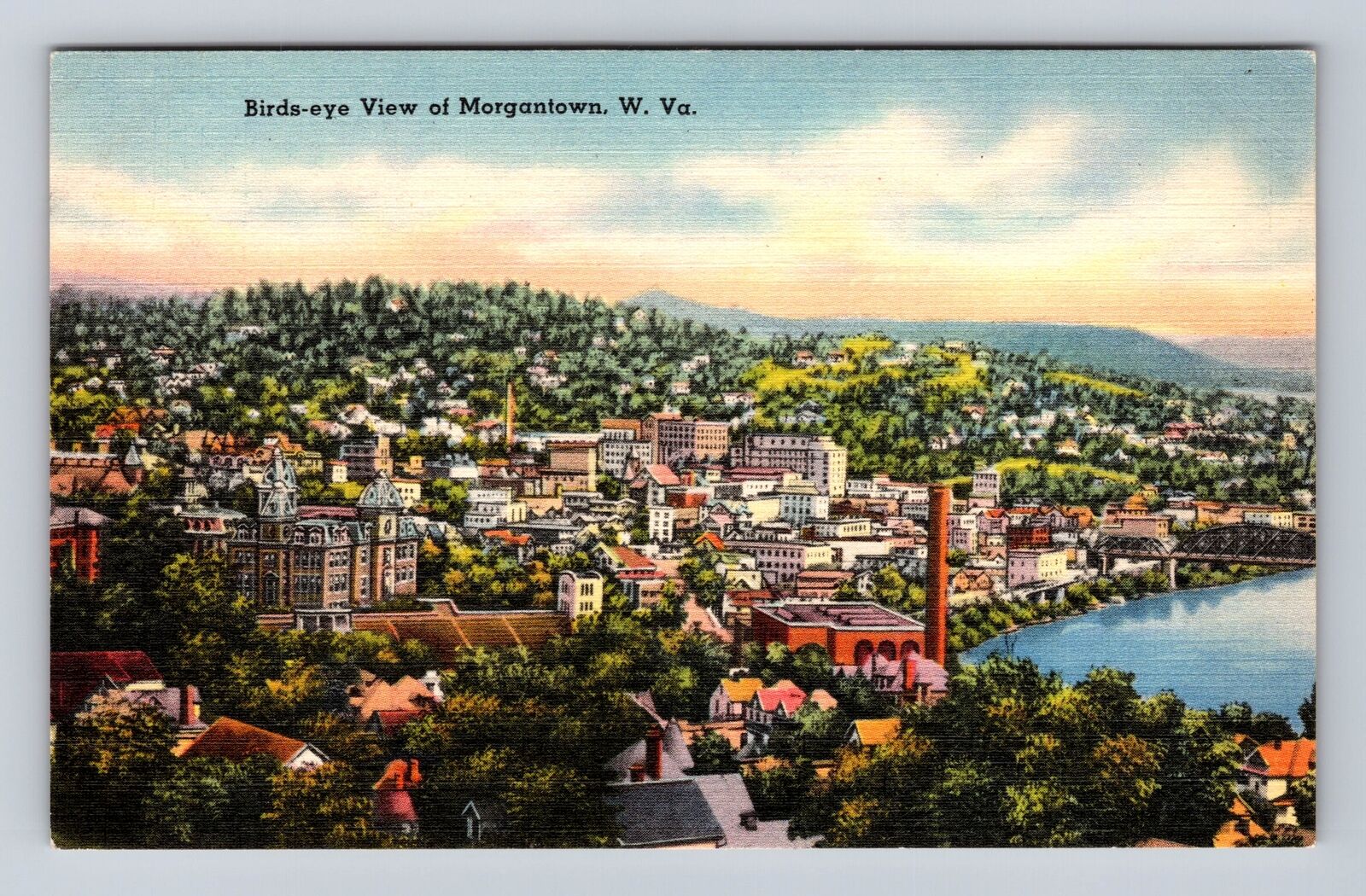 Morgantown WV-West Virginia, Aerial Of Town Area, Antique, Vintage Postcard