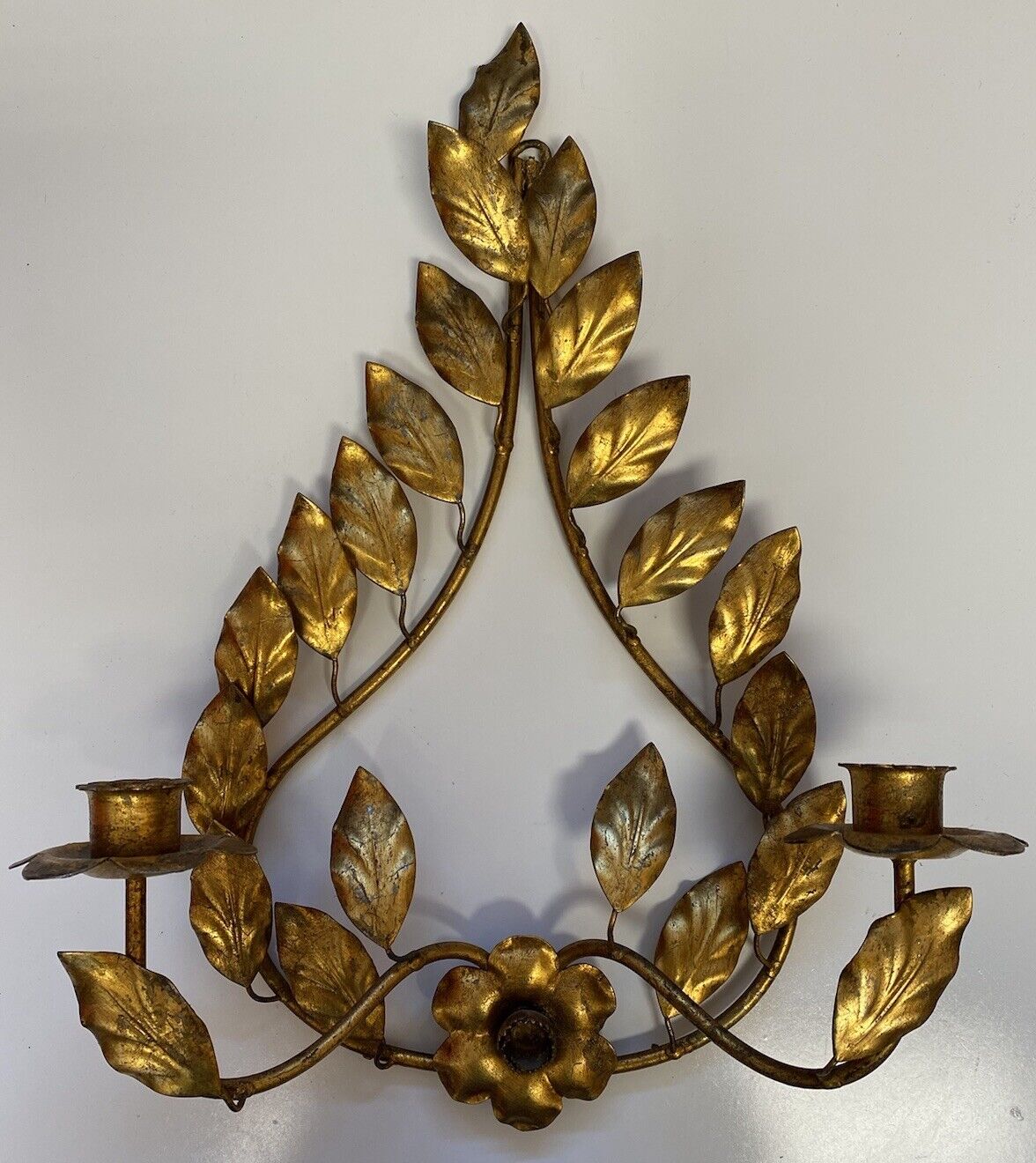 1 Italian Gilded Gold Tole Metal Flower Double Candle Hanging Wall Sconce