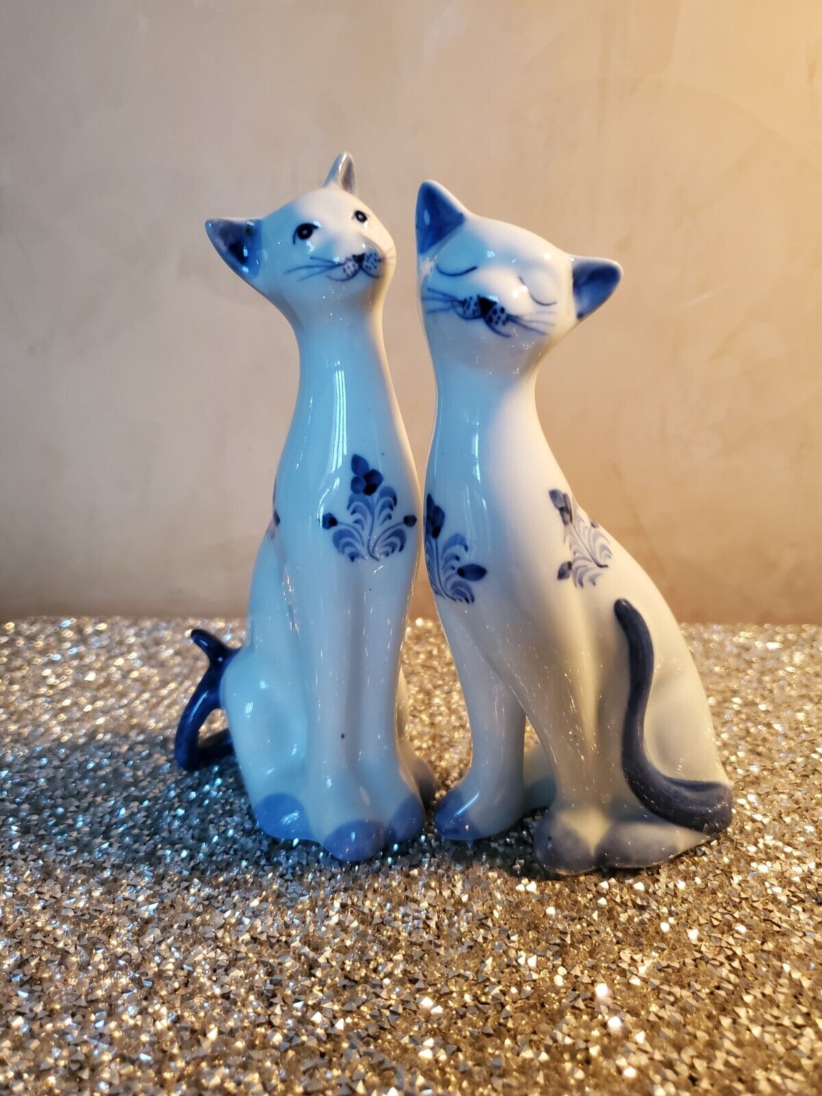 Vintage - Andrea by Sadek Siamese Cat Figures Porcelain Foral Blue and White