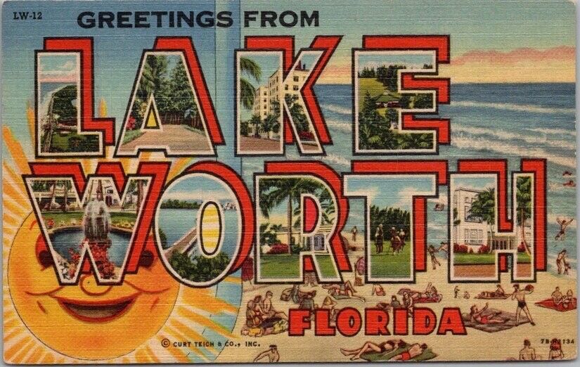 LAKE WORTH, Florida Large Letter Postcard Beach Scene / Curteich Linen - 1954